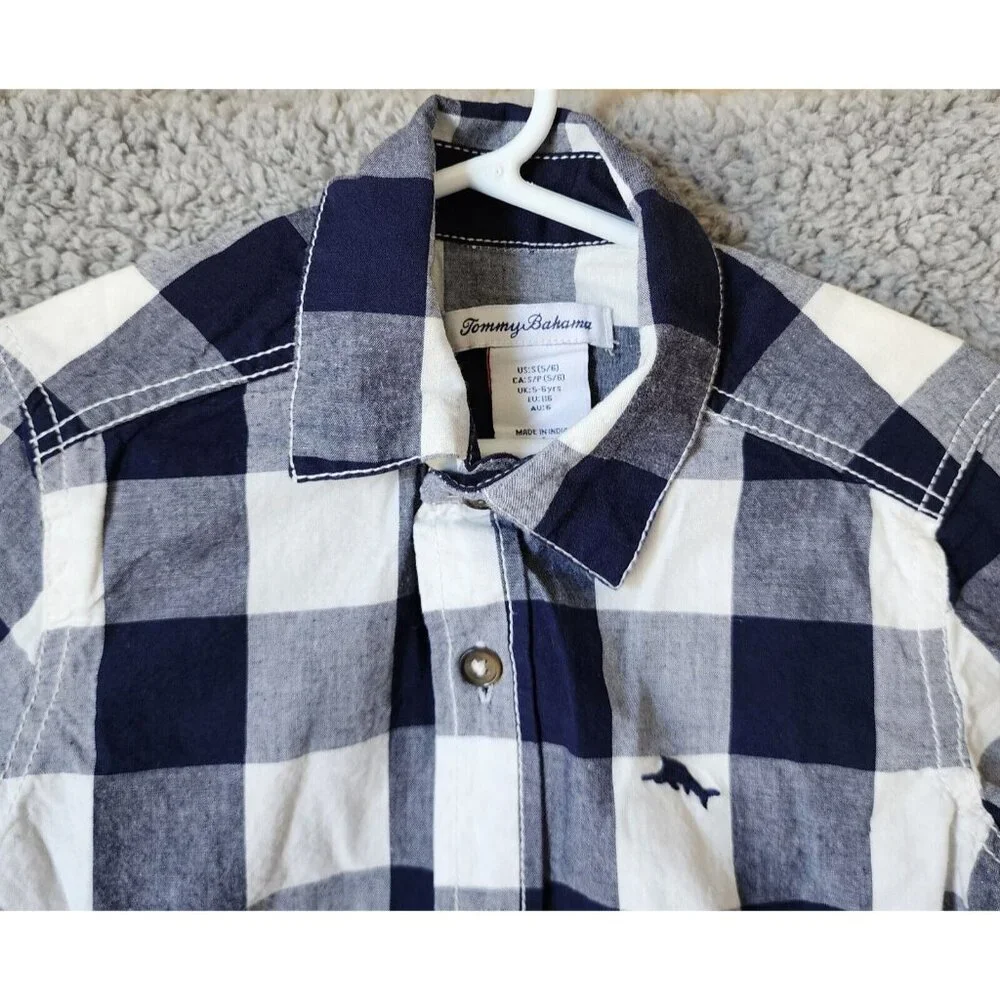 Tommy Bahama Navy‎ Blue Plaid Long Sleeve Button Up Shirt Youth Size Small 5/6